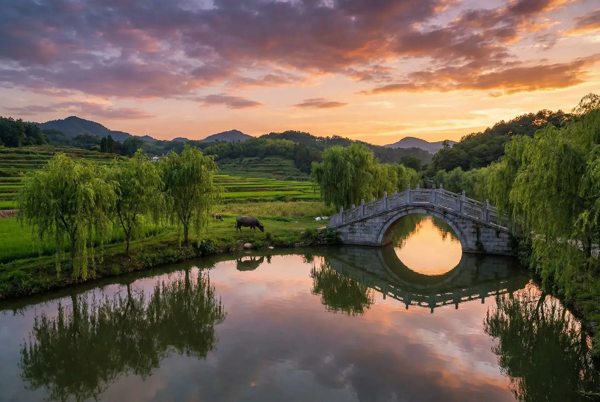 夕阳下的石拱桥与垂柳，水牛在河边吃草 - 泰国淫乐园实录 乡村美景